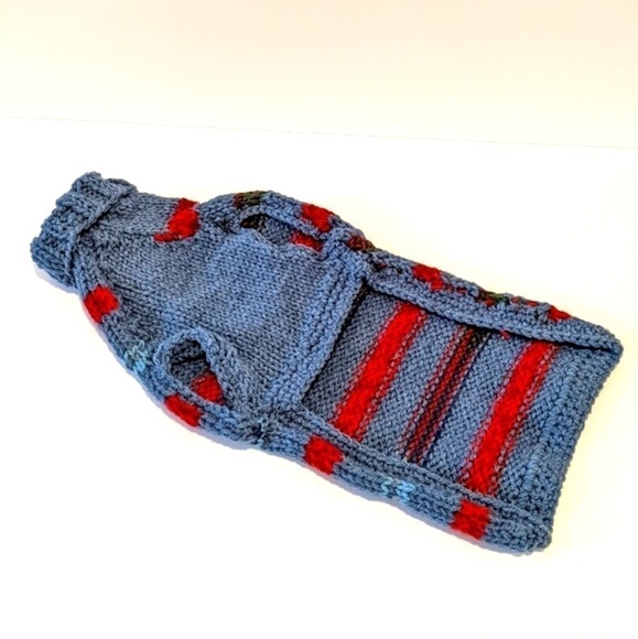 HANDMADE hand knit blue striped dog sweater medium - Picture 3 of 5